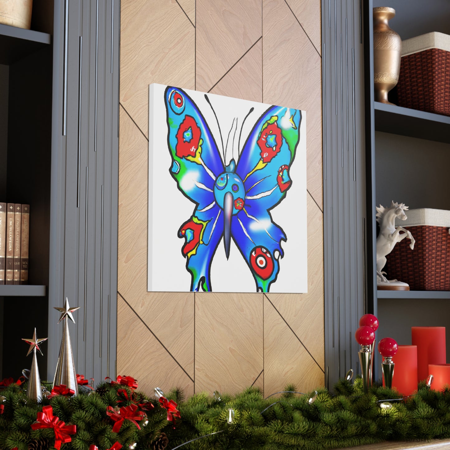 "Takashi Murakami-Inspired Blue Butterfly Canvas Print" by PenPencilArt
