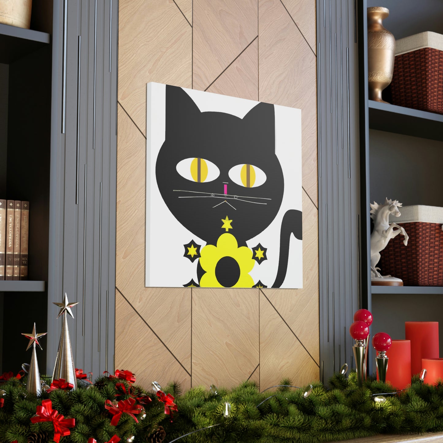 "Takashi Murakami-Inspired Black Cat Canvas Print" by PenPencilArt