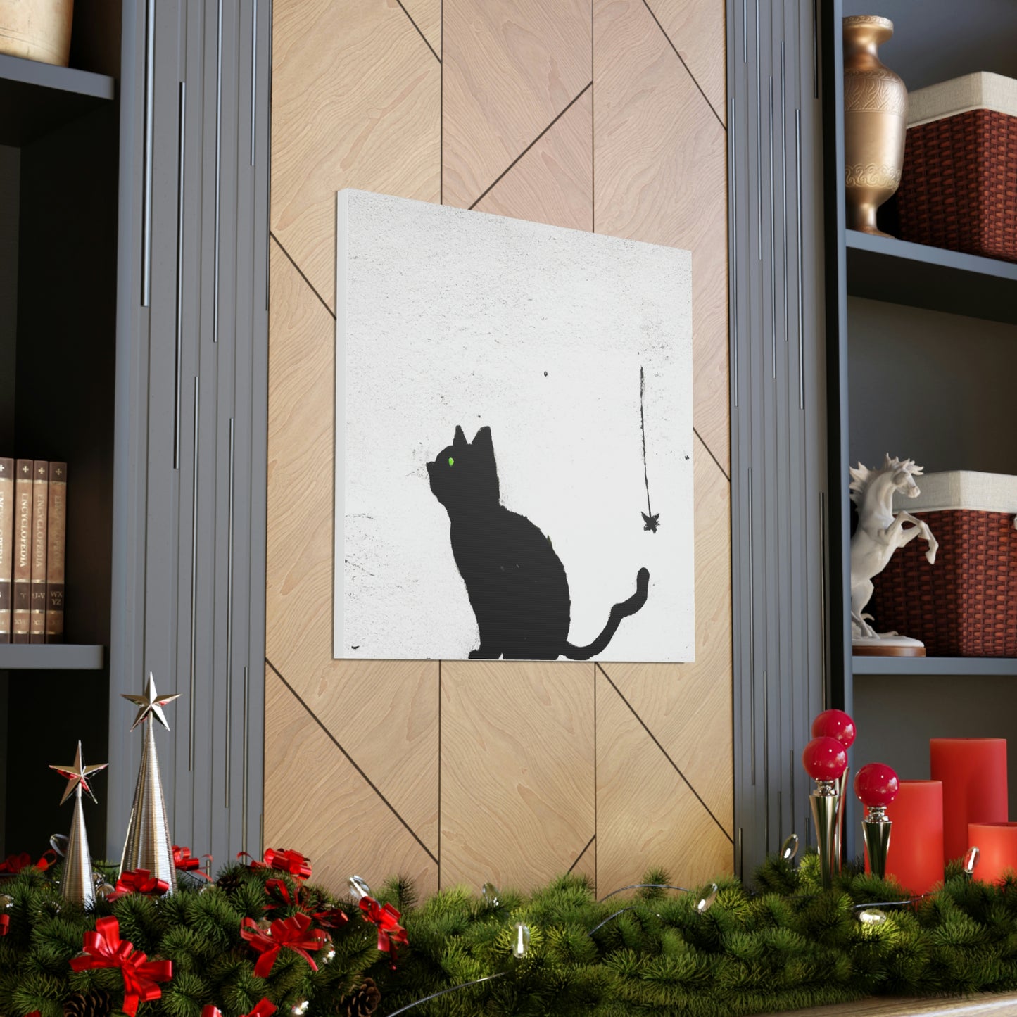 "Banksy-Inspired Wall Canvas Print Featuring A Black Cat" by PenPencilArt