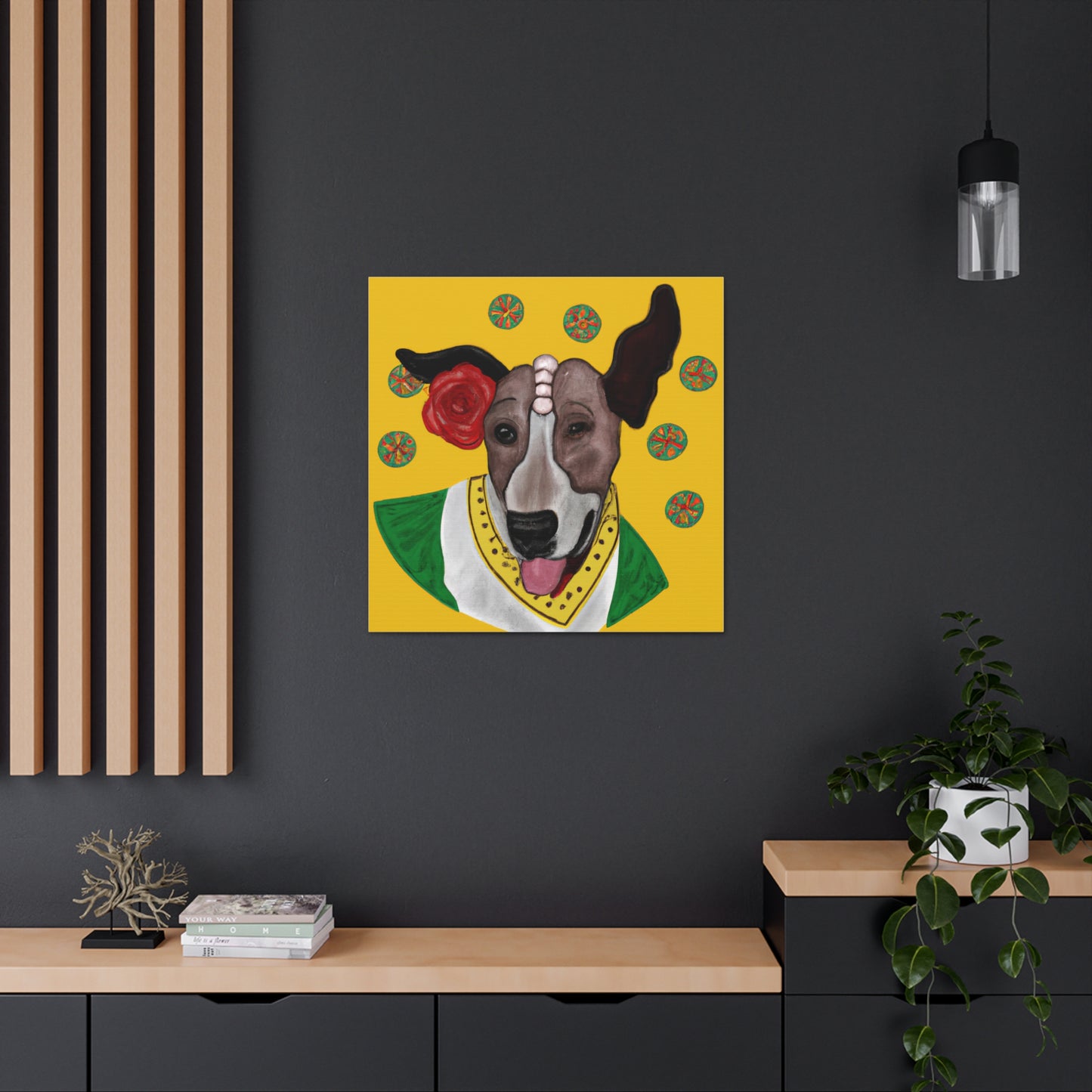 "Happy Dog in Frida Kahlo Inspired Canvas Print" by PenPencilArt