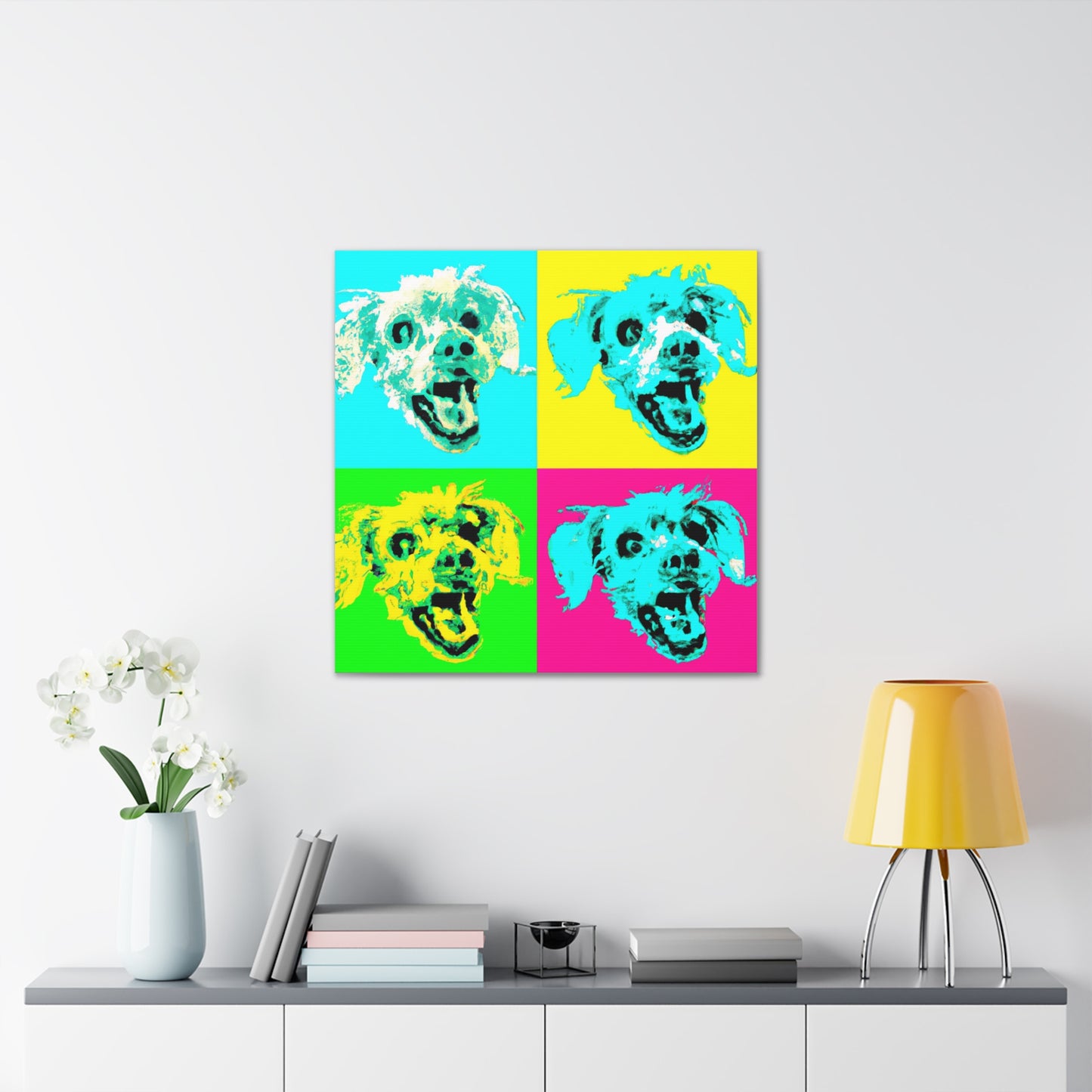 "Happy Dog Canvas Print in Andy Warhol-Inspired Style" by PenPencilArt