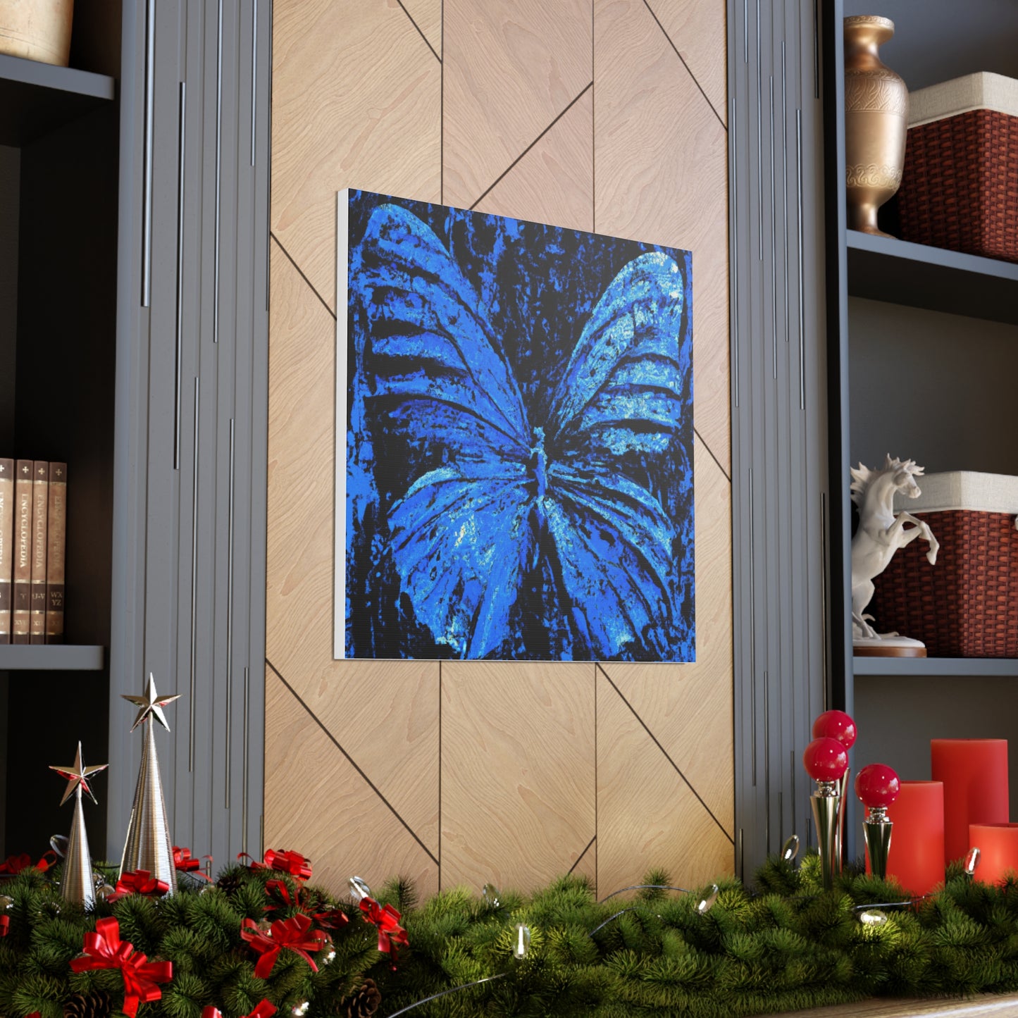 "Handcrafted Blue Butterfly Canvas Print Inspired by Mimmo Rotella" by PenPencilArt