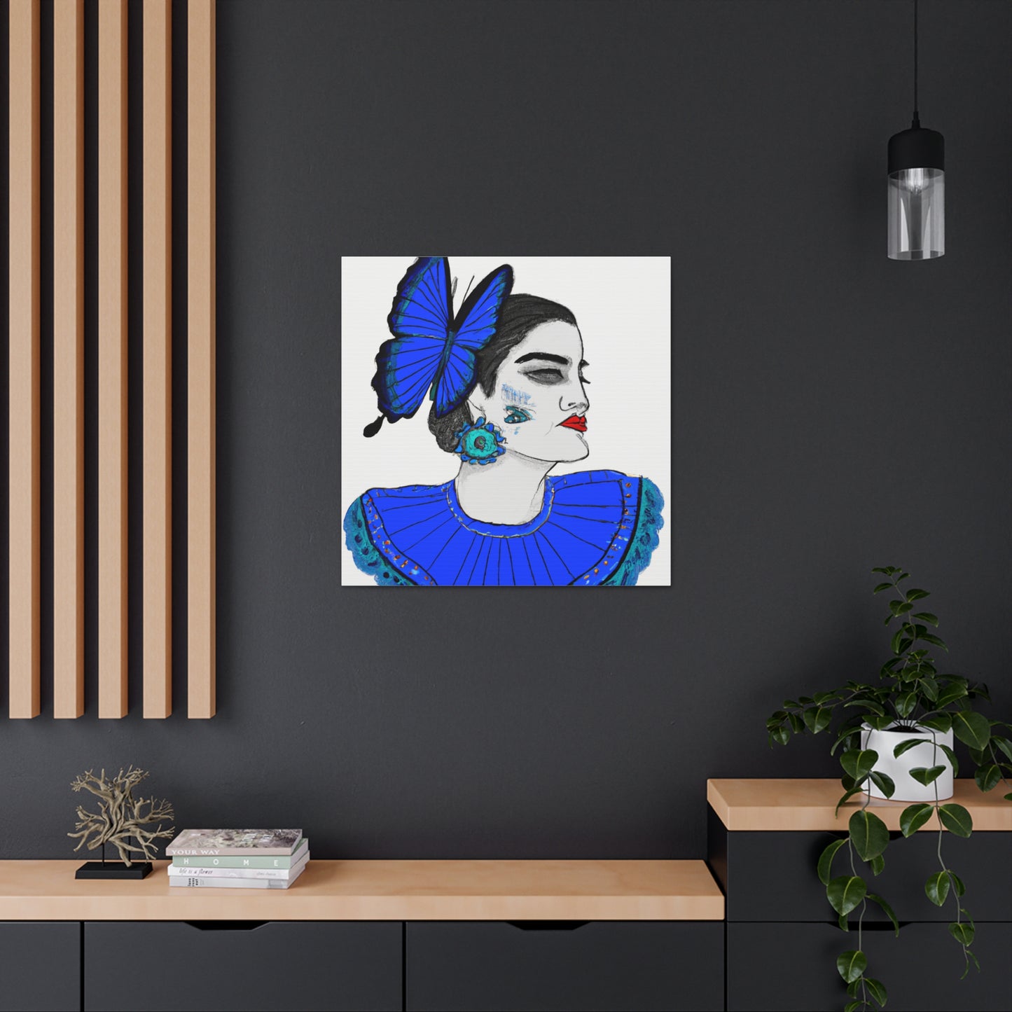 "Frida Kahlo-Inspired Blue Butterfly Canvas Print" by PenPencilArt