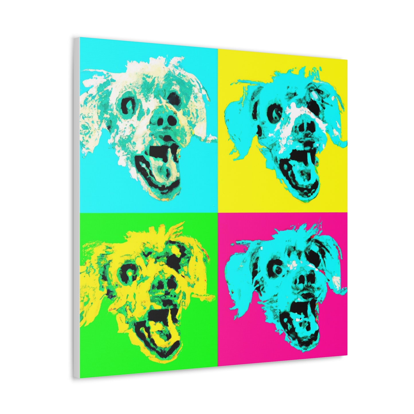 "Happy Dog Canvas Print in Andy Warhol-Inspired Style" by PenPencilArt