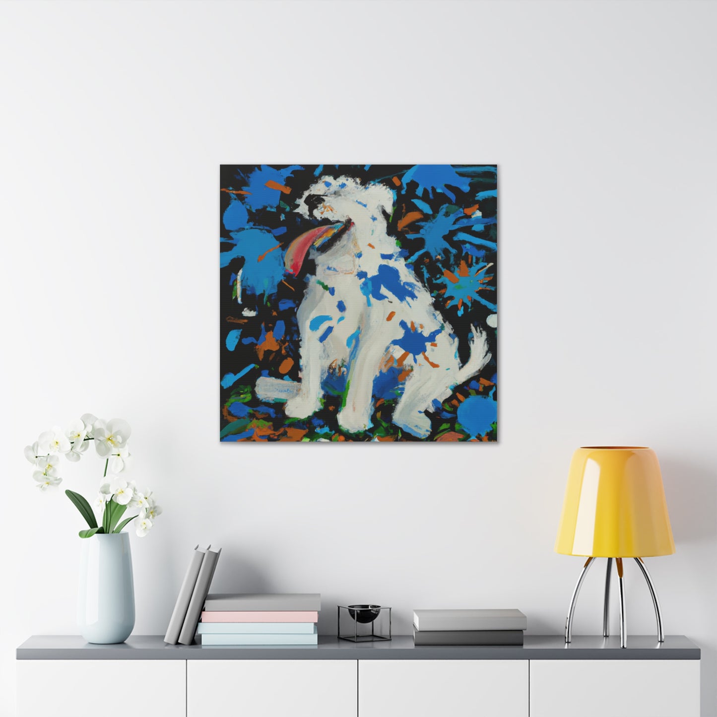 "Handmade Canvas Print of a Joyous Dog in a Jackson Pollock-Inspired Style" by PenPencilArt