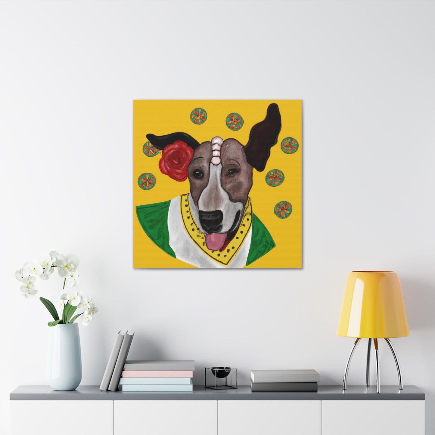 "Happy Dog in Frida Kahlo Inspired Canvas Print" by PenPencilArt