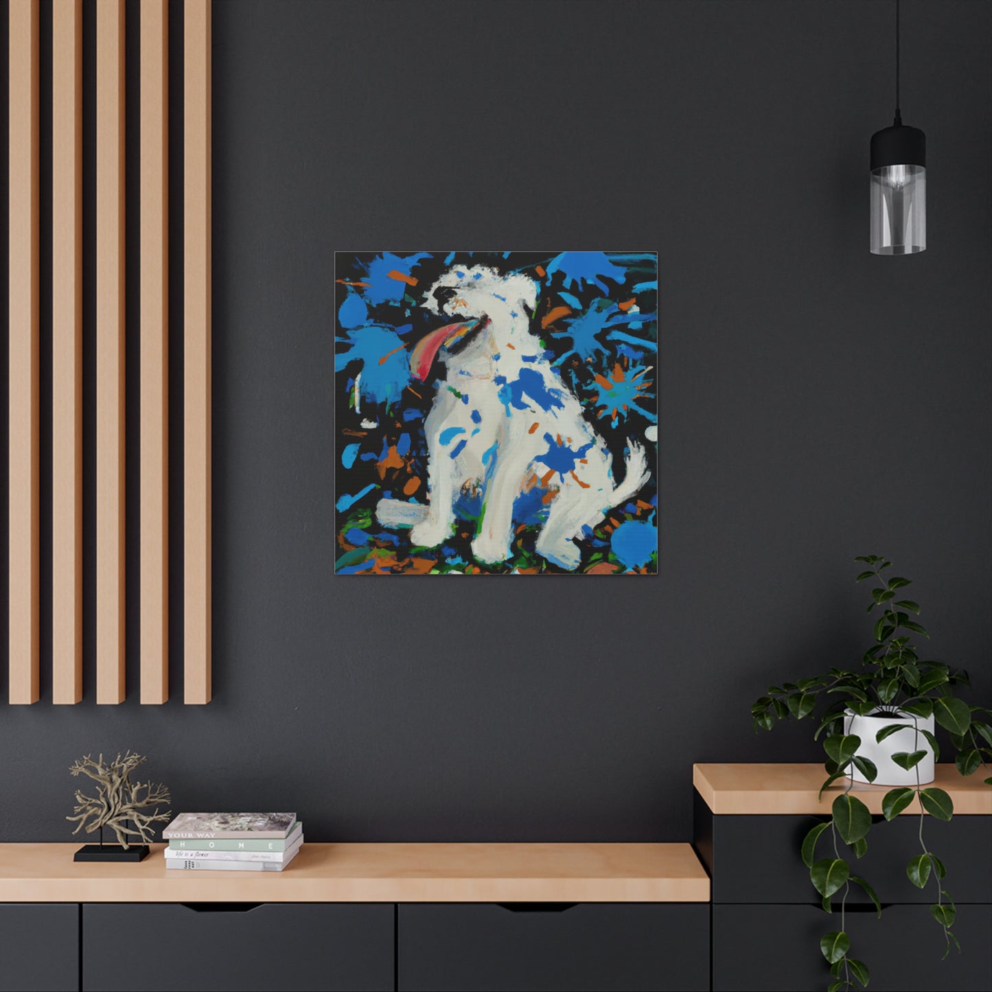 "Handmade Canvas Print of a Joyous Dog in a Jackson Pollock-Inspired Style" by PenPencilArt