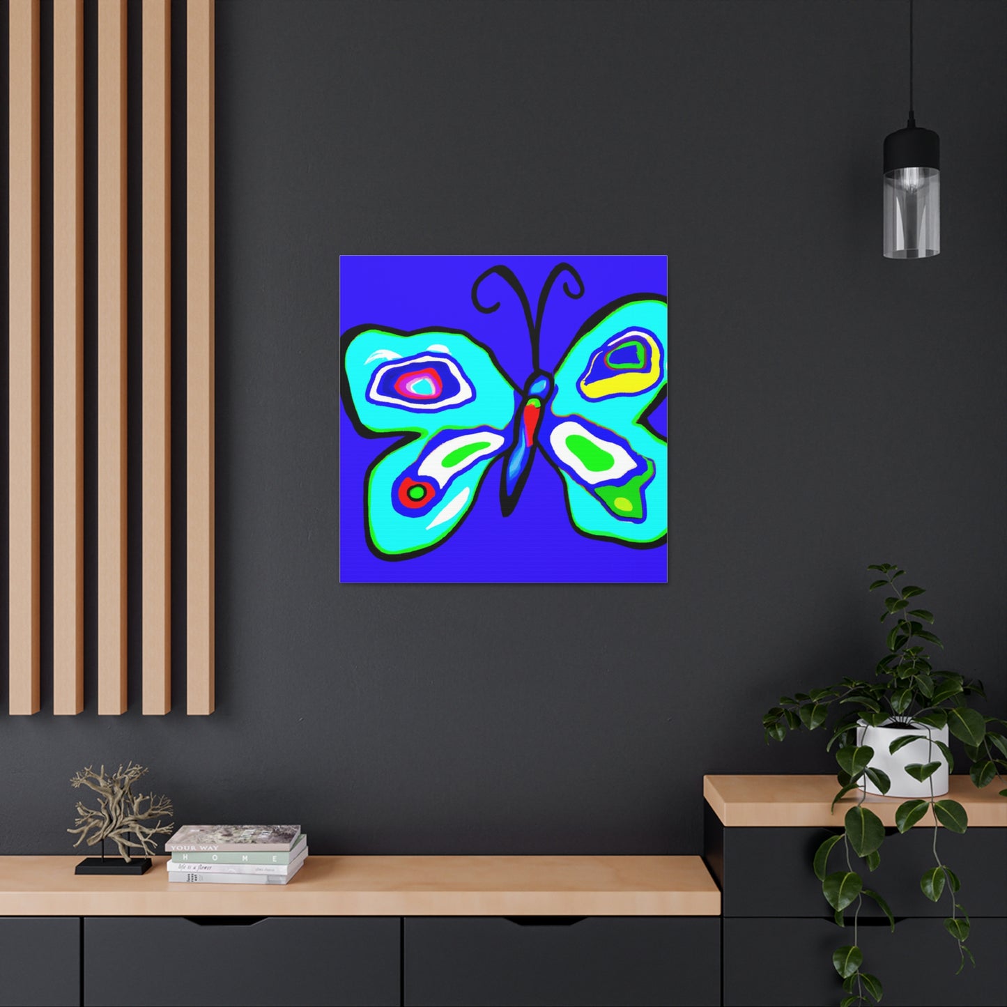 "Peter Max-Inspired Blue Butterfly Canvas Print" by PenPencilArt