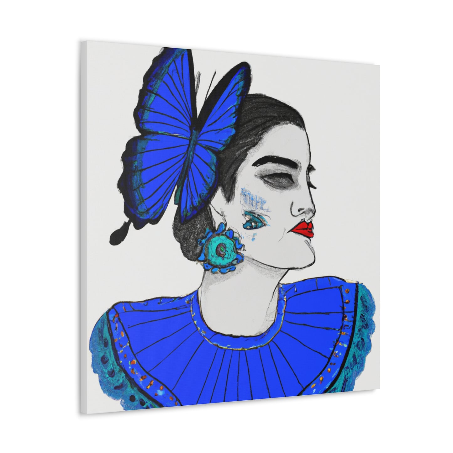 "Frida Kahlo-Inspired Blue Butterfly Canvas Print" by PenPencilArt