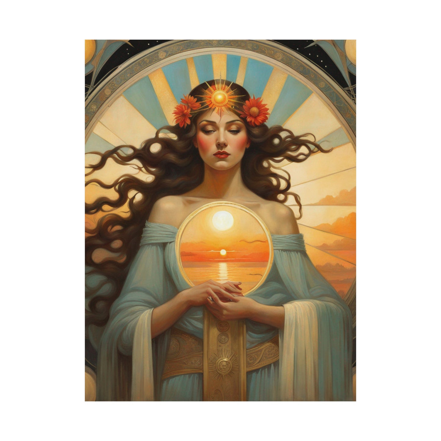 "Fine Art Poster Prints Inspired by Tom Bagshaw, Lawrence Alma-Tadema, and Alphonse Mucha's Portrayal of the Sun" by PenPencilArt