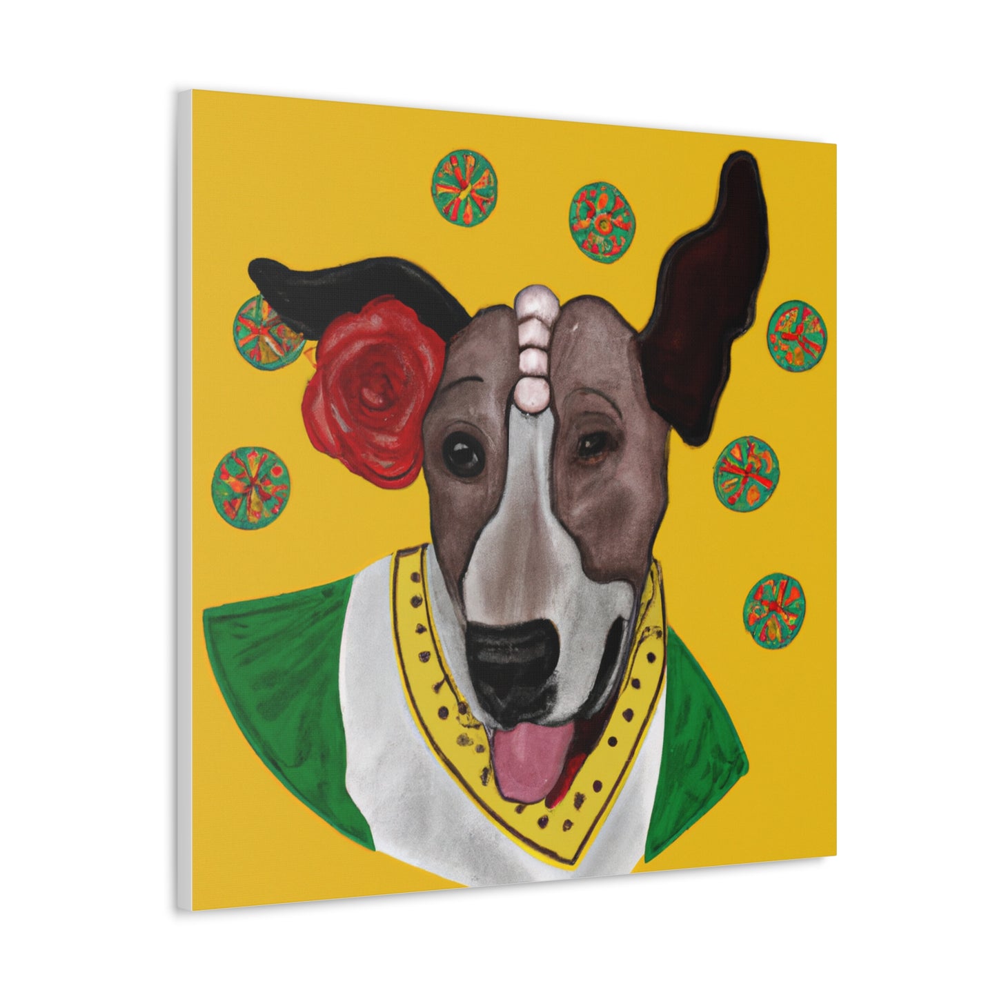 "Happy Dog in Frida Kahlo Inspired Canvas Print" by PenPencilArt