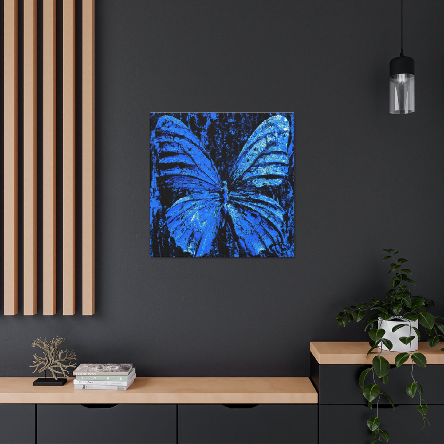 "Handcrafted Blue Butterfly Canvas Print Inspired by Mimmo Rotella" by PenPencilArt