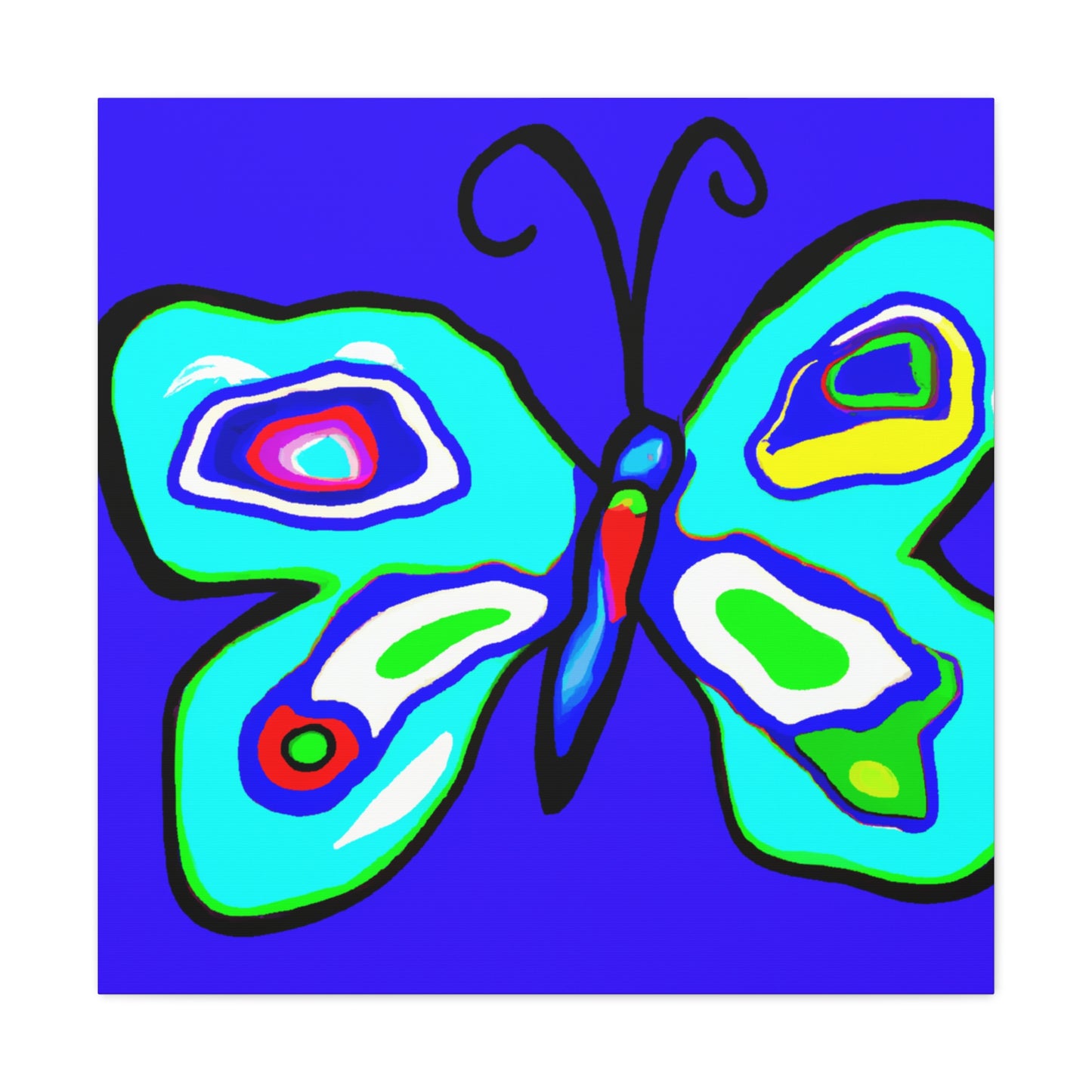 "Peter Max-Inspired Blue Butterfly Canvas Print" by PenPencilArt