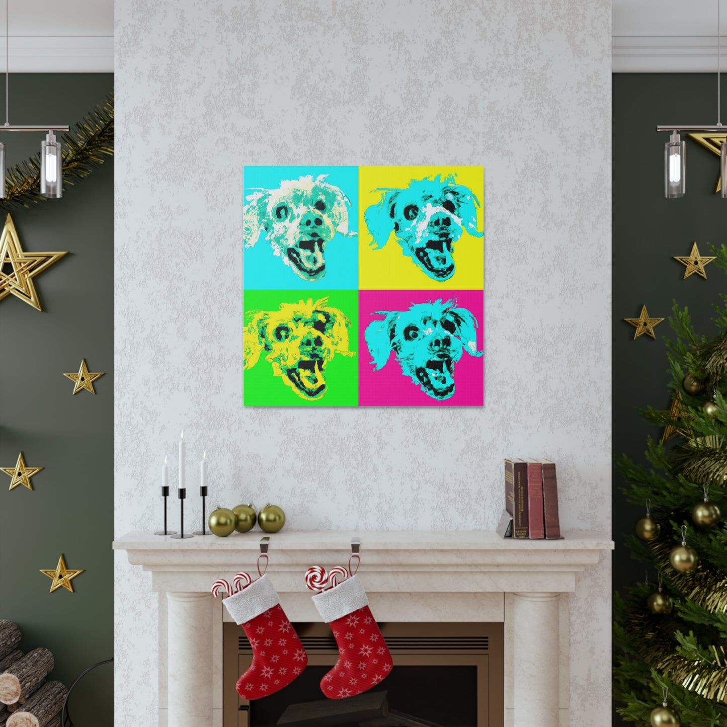 "Happy Dog Canvas Print in Andy Warhol-Inspired Style" by PenPencilArt