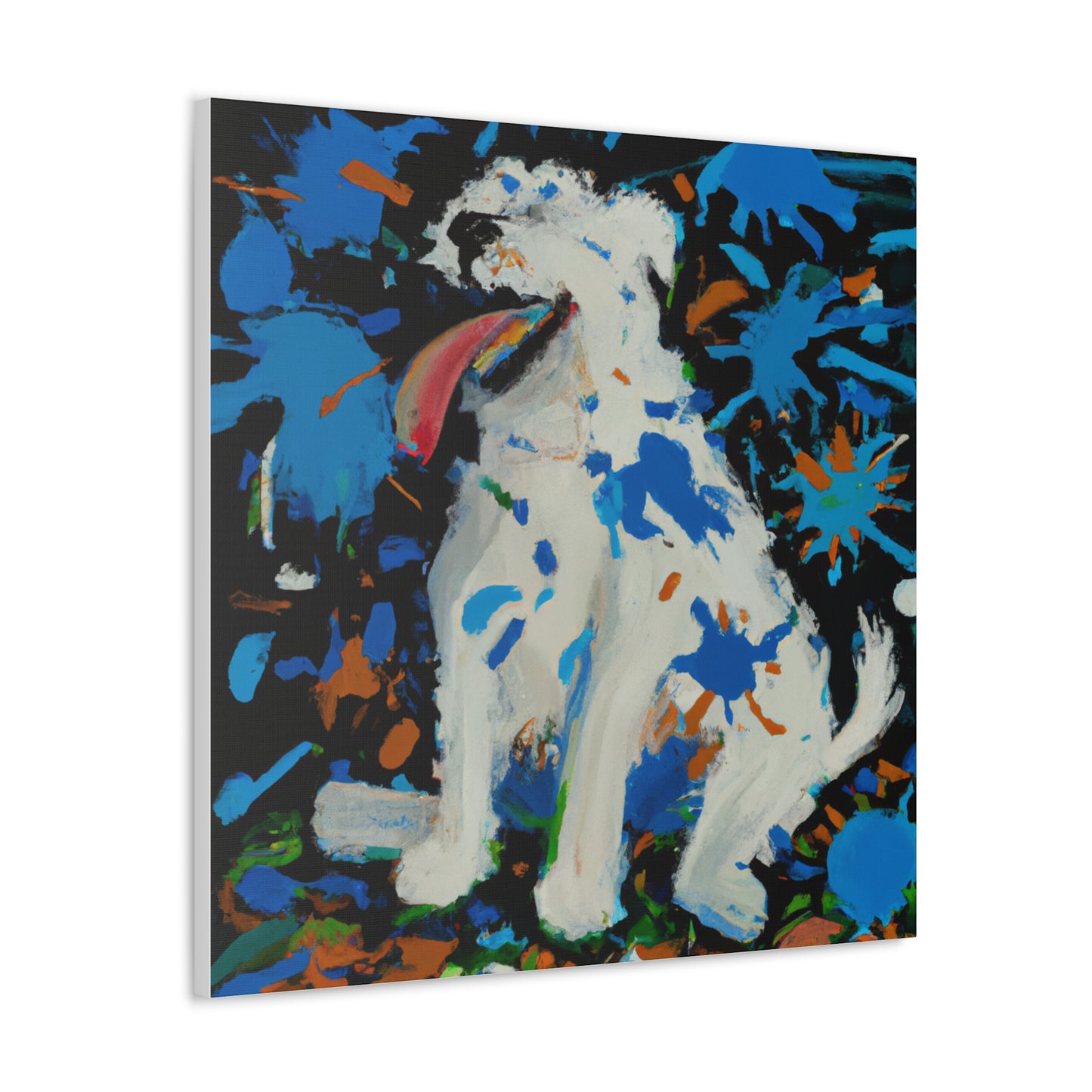 "Handmade Canvas Print of a Joyous Dog in a Jackson Pollock-Inspired Style" by PenPencilArt