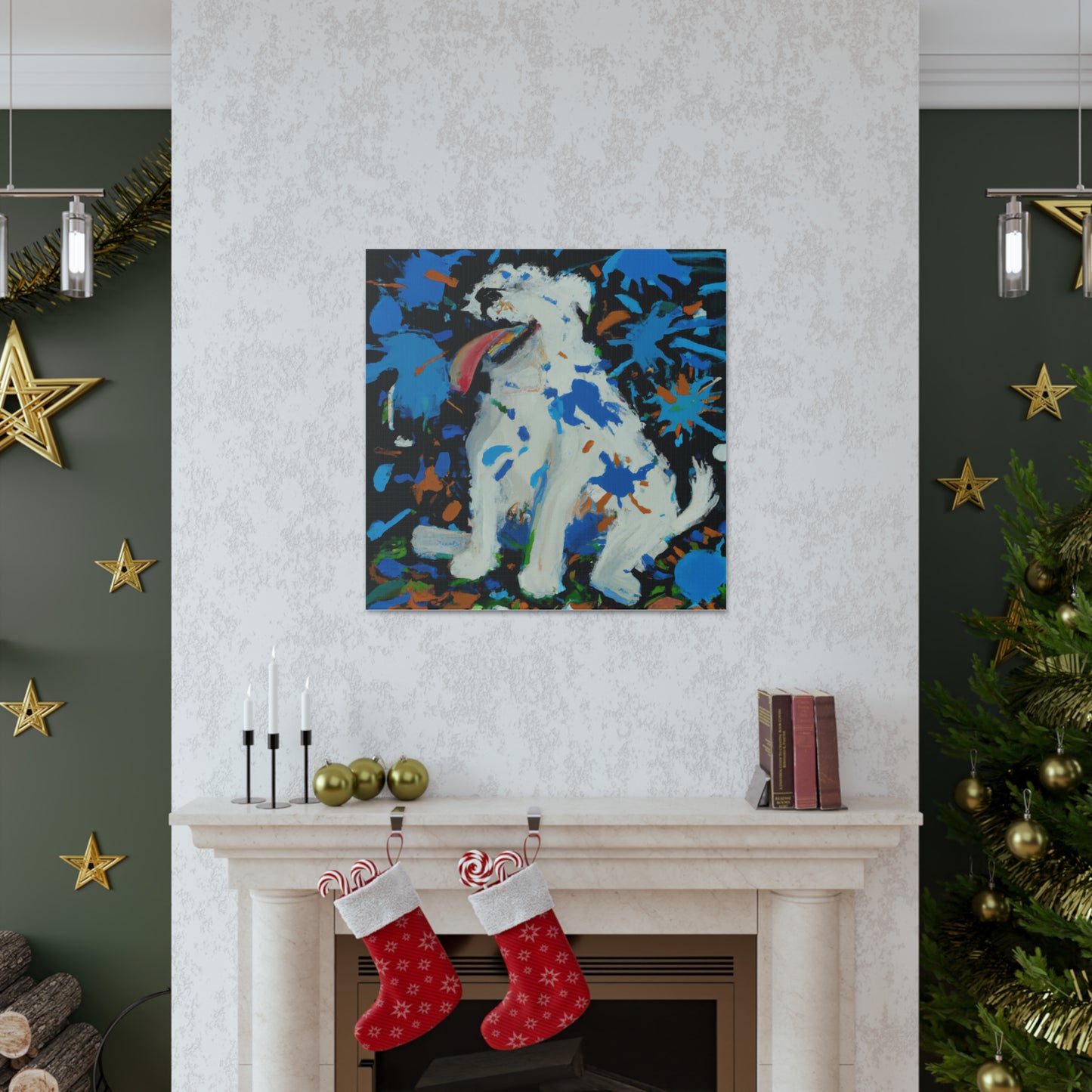 "Handmade Canvas Print of a Joyous Dog in a Jackson Pollock-Inspired Style" by PenPencilArt