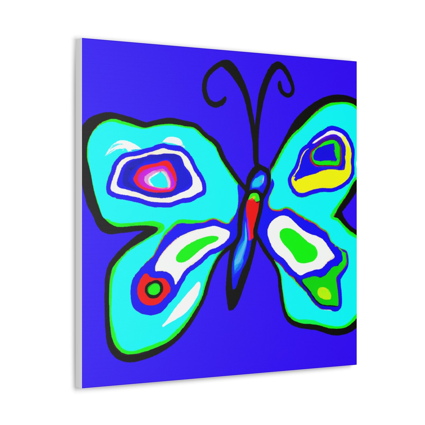 "Peter Max-Inspired Blue Butterfly Canvas Print" by PenPencilArt