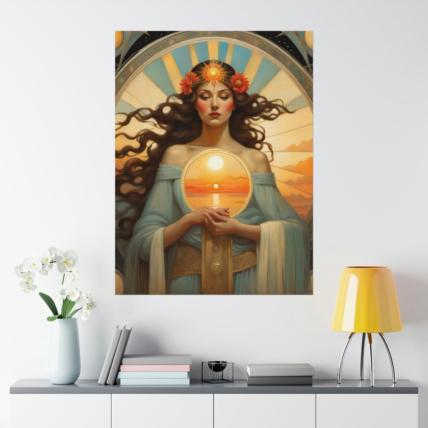 "Fine Art Poster Prints Inspired by Tom Bagshaw, Lawrence Alma-Tadema, and Alphonse Mucha's Portrayal of the Sun" by PenPencilArt