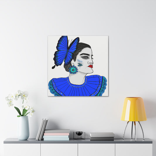 "Frida Kahlo-Inspired Blue Butterfly Canvas Print" by PenPencilArt