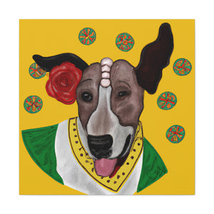 "Happy Dog in Frida Kahlo Inspired Canvas Print" by PenPencilArt