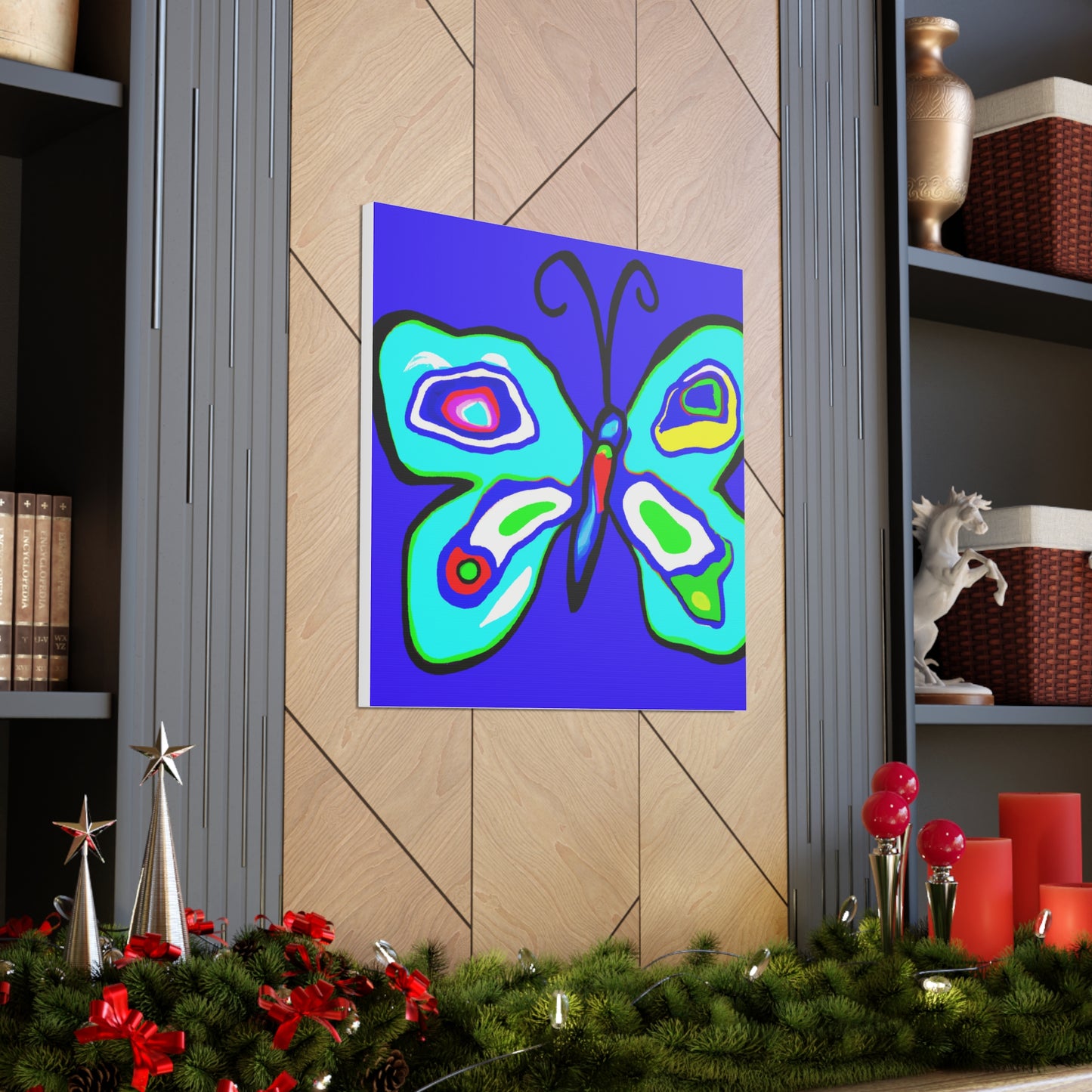 "Peter Max-Inspired Blue Butterfly Canvas Print" by PenPencilArt