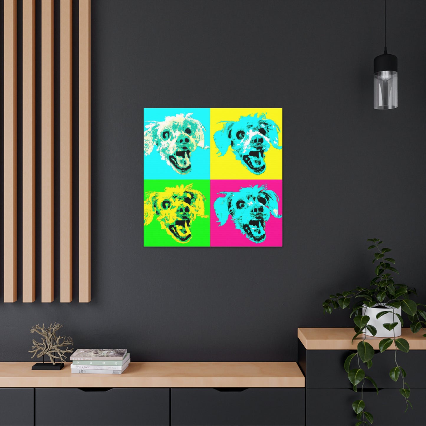 "Happy Dog Canvas Print in Andy Warhol-Inspired Style" by PenPencilArt