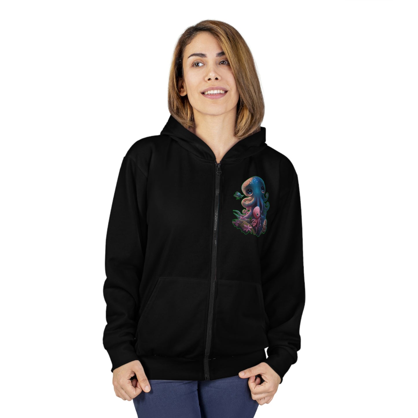 Big Eyes Octopus Design on Black Hoodie - Designed by Artist Melissa