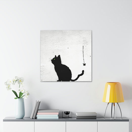 "Banksy-Inspired Wall Canvas Print Featuring A Black Cat" by PenPencilArt