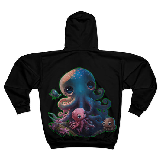 Big Eyes Octopus Design on Black Hoodie - Designed by Artist Melissa