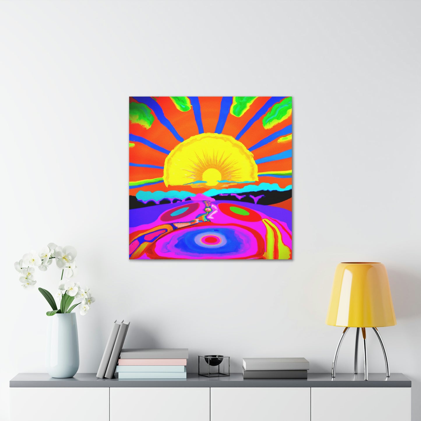 "Peter Max-Inspired Sunrise Canvas Print" by PenPencilArt